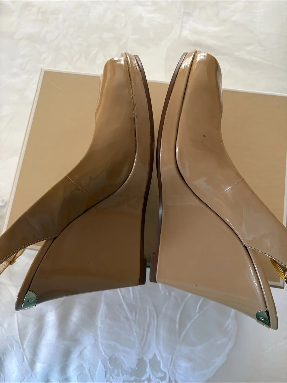 Michael Kors Beige Patent Peep-Toe Wedge Slingback Heels